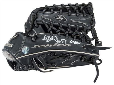 2010 Ichiro Suzuki Game Used and Signed Mizuno Fielders Glove with Autographed Bag (Ichiro LOA)- Final Gold Glove Season